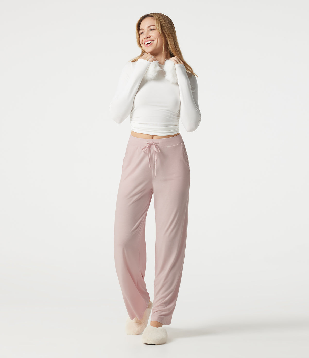 Mid Rise Drawstring Lounging Baggy Pants with Pockets — Soft Petal Heather — view 6