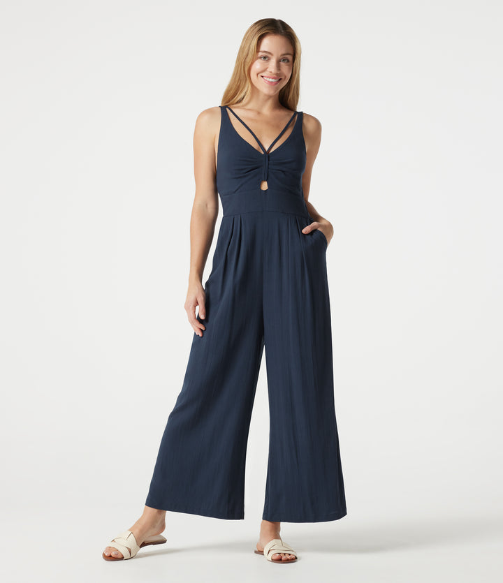 V-neck Sleeveless Shirred Casual Baggy Jumpsuit with Pockets — Dress Blues — view 1