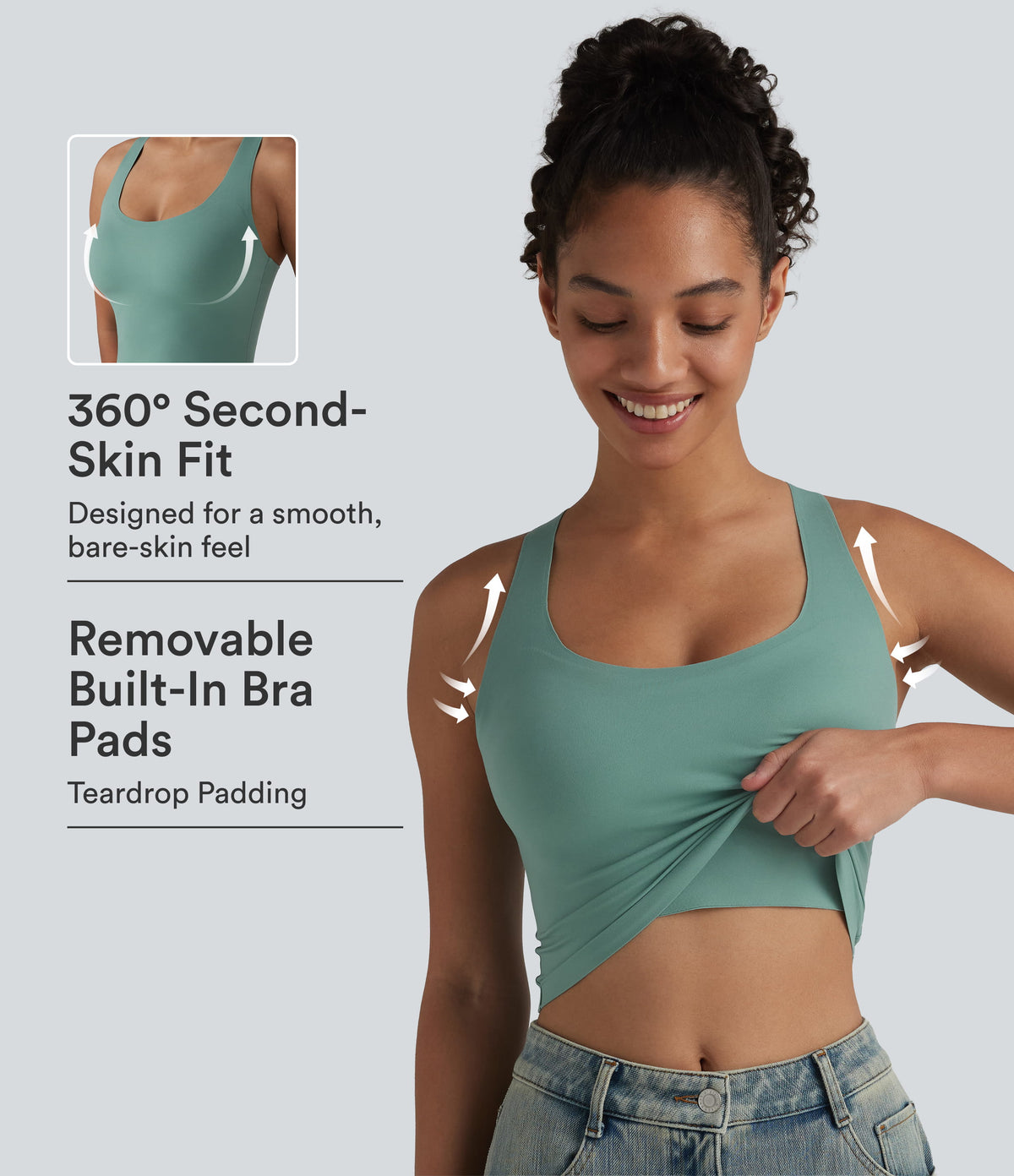 U Neck Built-in Bra Cropped Casual Tank Top B-E Cups — Clear Green — view 1
