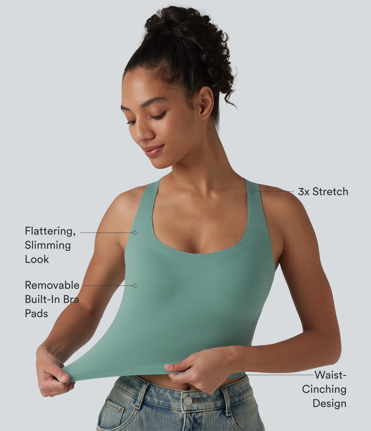 U Neck Built-in Bra Cropped Casual Tank Top B-E Cups — Clear Green — view 2