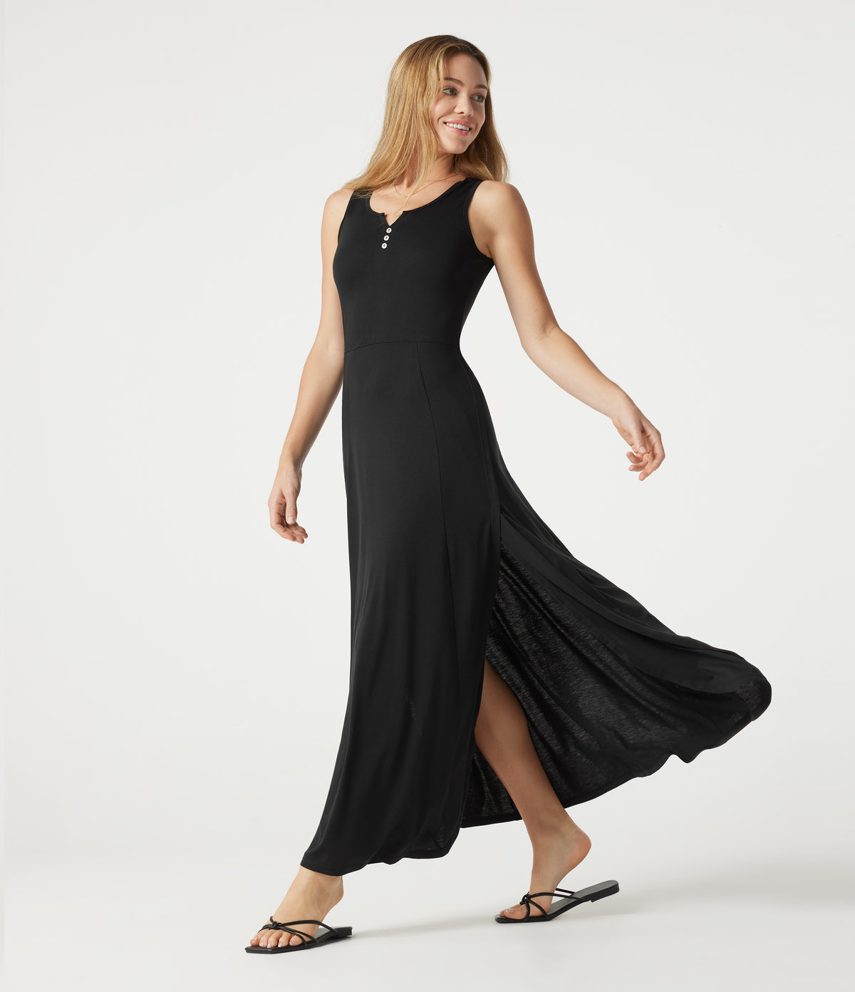 Notched Sleeveless Split Maxi Casual Flowy Dress — Black — view 1