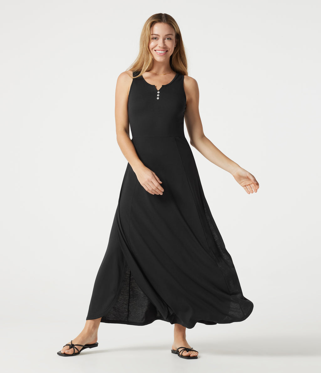 Notched Sleeveless Split Maxi Casual Flowy Dress — Black — view 3