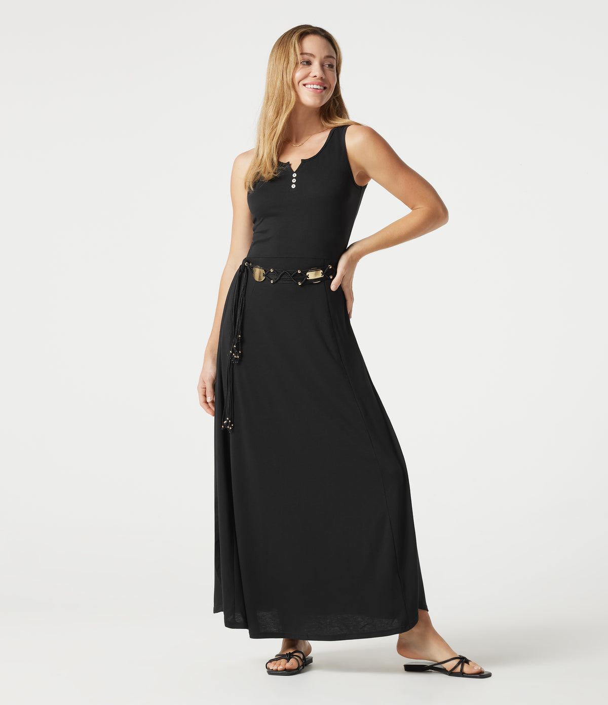 Notched Sleeveless Split Maxi Casual Flowy Dress — Black — view 6