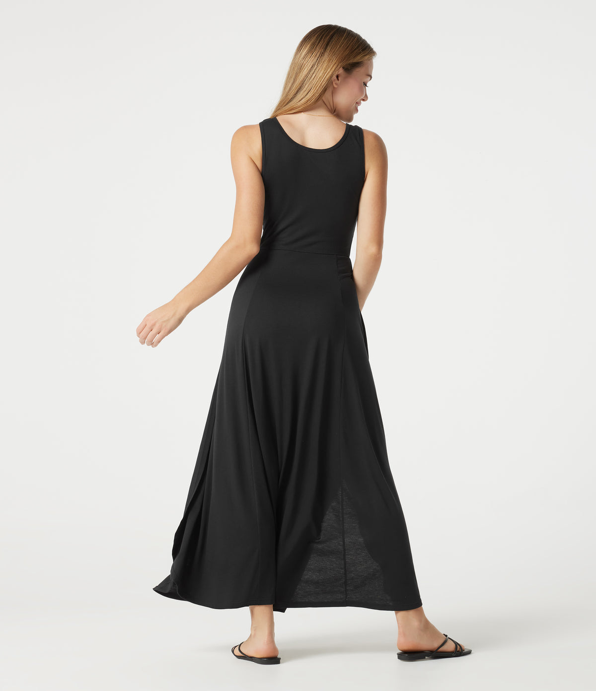 Notched Sleeveless Split Maxi Casual Flowy Dress — Black — view 2
