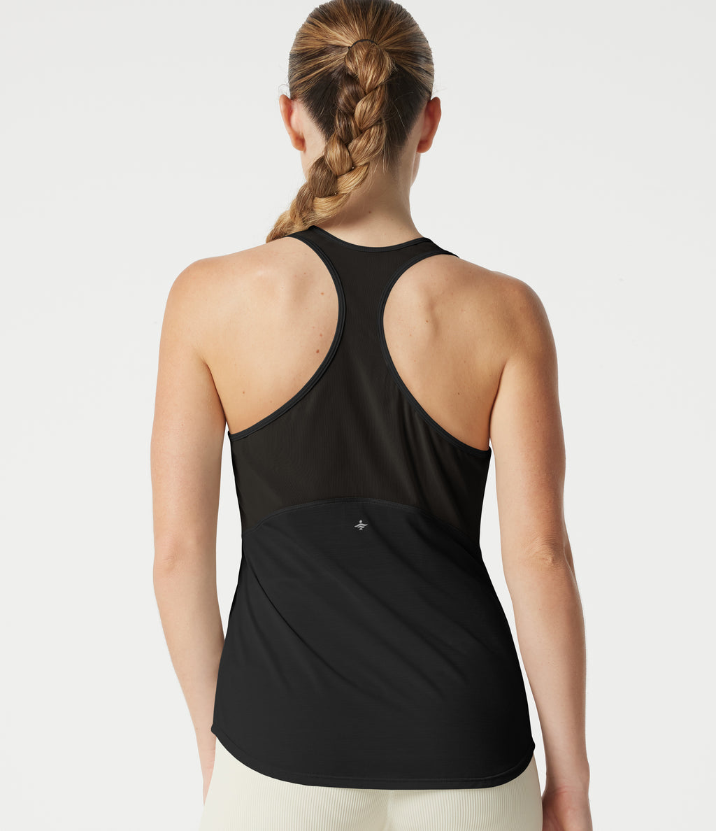 Racerback Breathable Mesh Curved Hem Quick Dry Yoga Tank Top — Black — view 7
