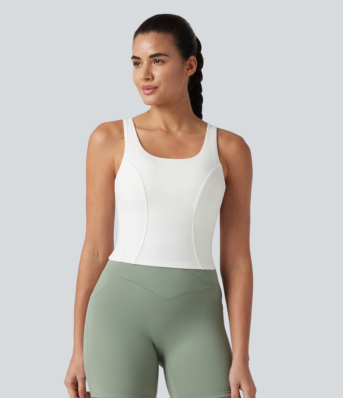 U-Neck Contrast Breathable Mesh Built-in Bra Dance Tank Top — White — view 3