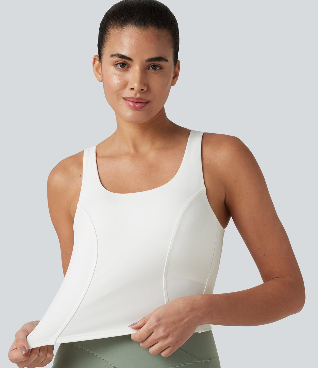 U-Neck Contrast Breathable Mesh Built-in Bra Dance Tank Top — White — view 7