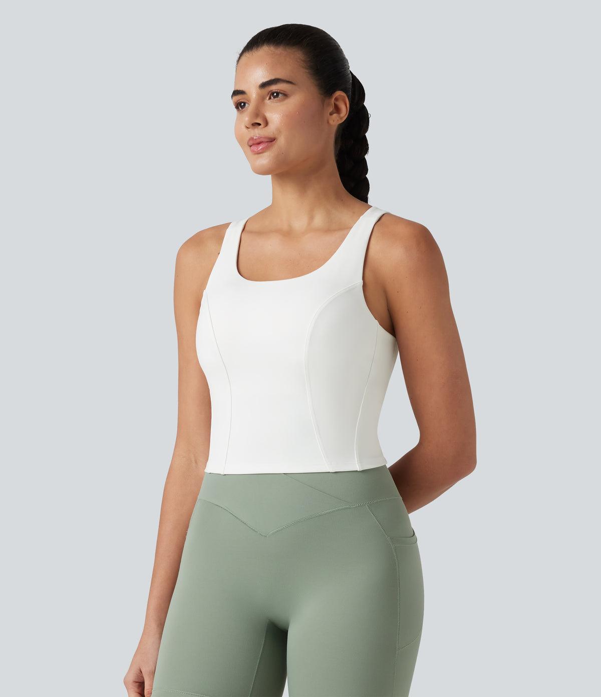 U-Neck Contrast Breathable Mesh Built-in Bra Dance Tank Top — White — view 4