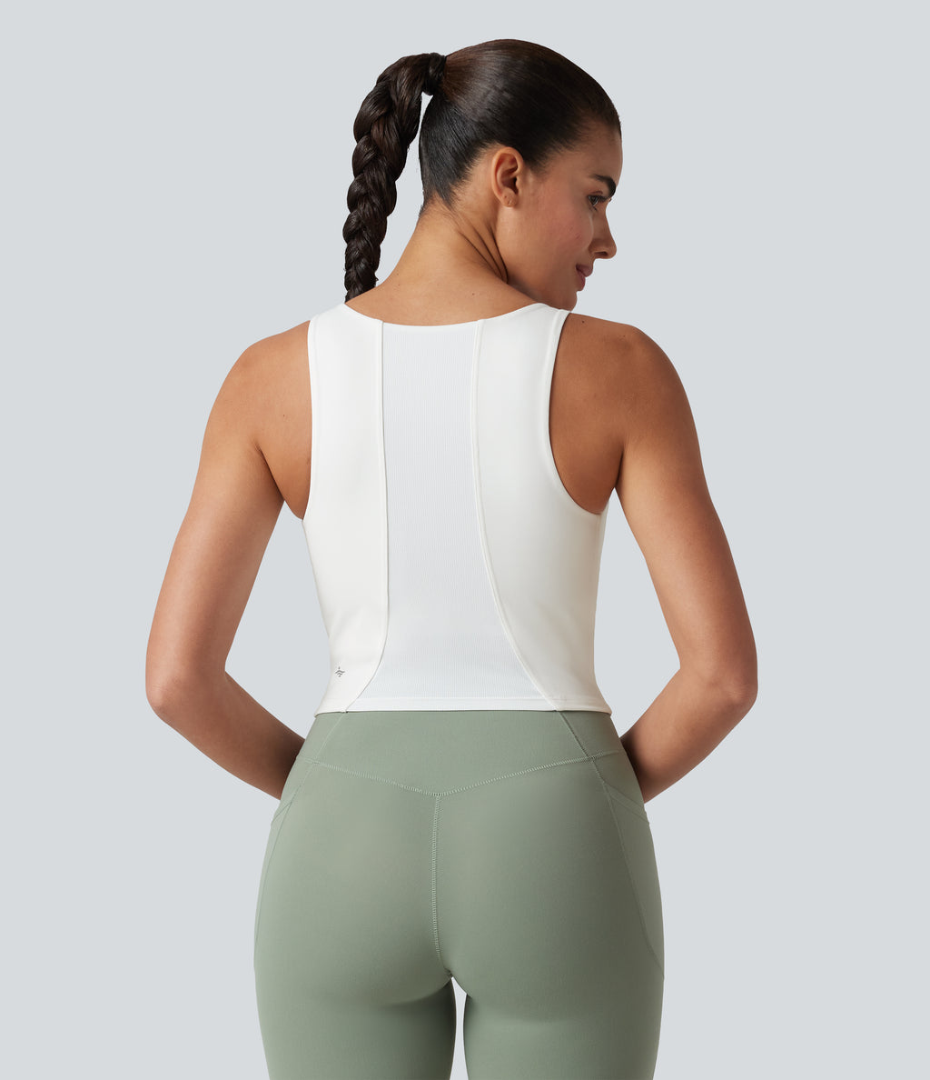 U-Neck Contrast Breathable Mesh Built-in Bra Dance Tank Top — White — view 2
