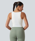 U-Neck Contrast Breathable Mesh Built-in Bra Dance Tank Top — White — view 2