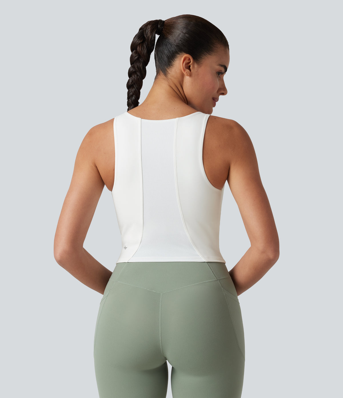 U-Neck Contrast Breathable Mesh Built-in Bra Dance Tank Top — White — view 2