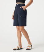 High Waisted Work Bermuda Shorts with Pockets — Midnight Blue — view 3