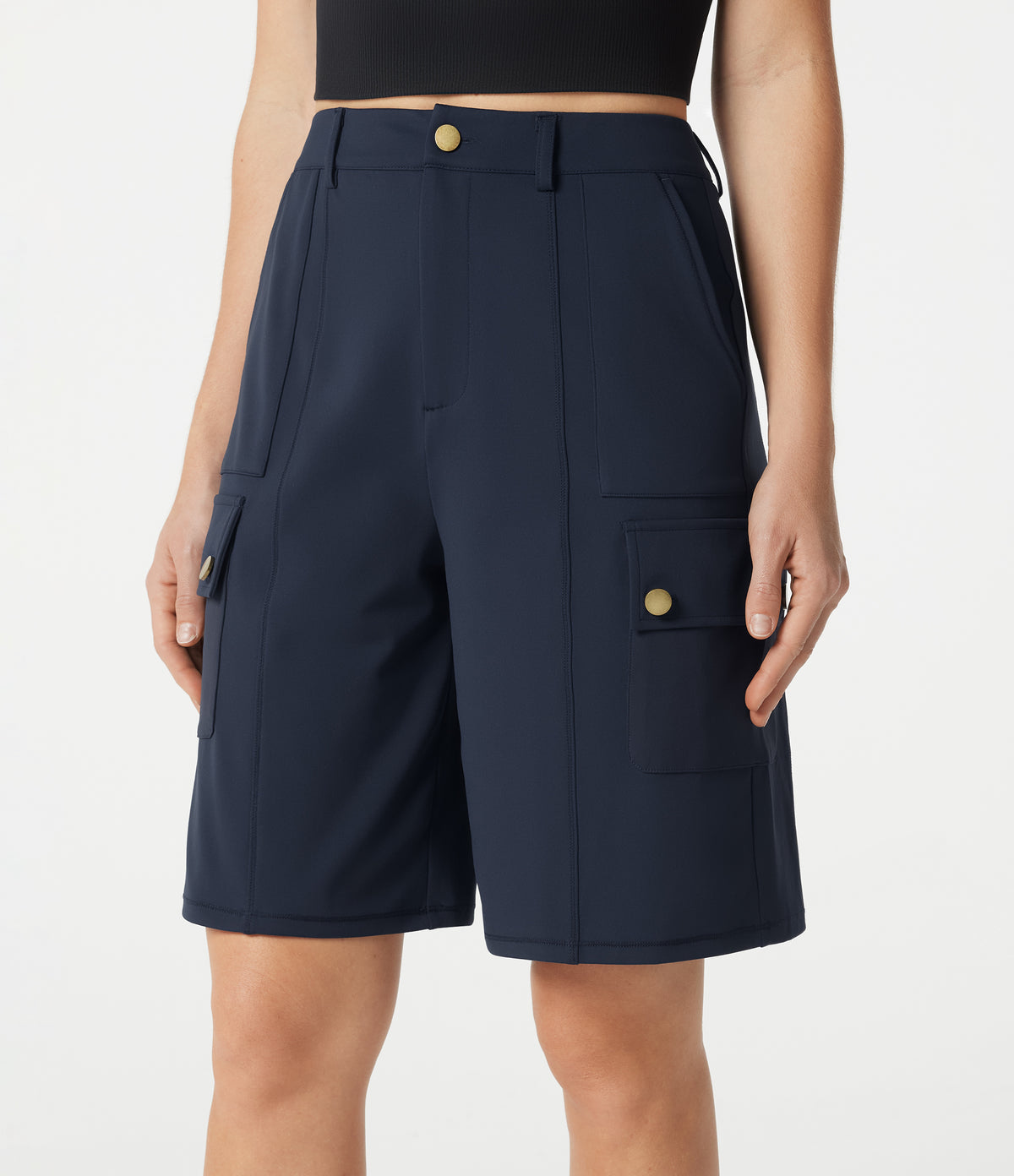 High Waisted Work Bermuda Shorts with Pockets — Midnight Blue — view 4