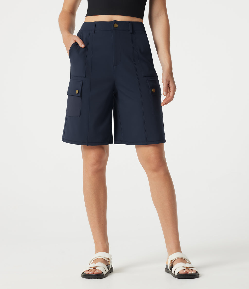 High Waisted Work Bermuda Shorts with Pockets — Midnight Blue — view 1