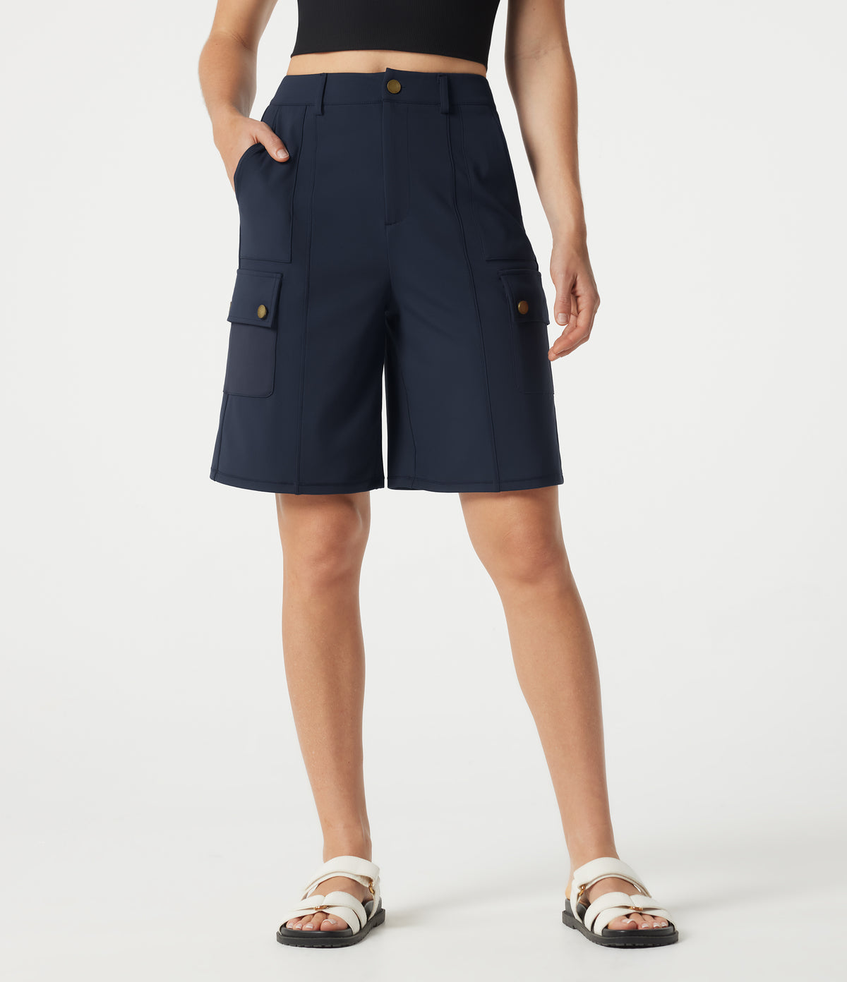 High Waisted Work Bermuda Shorts with Pockets — Midnight Blue — view 1