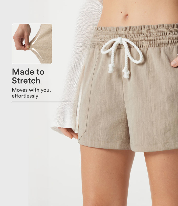 Low Rise Drawstring Casual Linen-Feel Shorts with Pockets — Dune Mirage — view 1