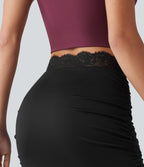 High Waisted Contrast Lace Ruched Curved Hem 2-in-1 Mini Bodycon Party Skirt — Black — view 5
