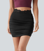 High Waisted Contrast Lace Ruched Curved Hem 2-in-1 Mini Bodycon Party Skirt — Black — view 3