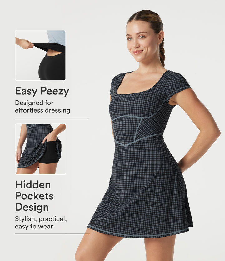 Check Plaid Print Square Neck Corset 2-in-1 Built-in Bra Mini Casual Dress with Pockets — Storm Gray Check Plaid — view 1