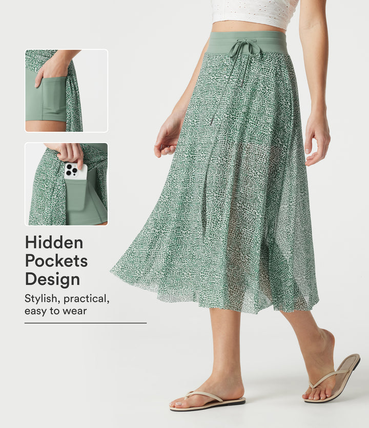 High Waisted Drawstring Leopard Print Contrast Mesh 2-in-1 Flowy Midi Flare Resort Skirt with Pockets — Moss Pebble Dot — view 1