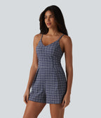 V-neck Sleeveless Plaid Crinkle Quick Dry Resort Playsuit with Pockets — Mist Night Weave Plaid — view 3