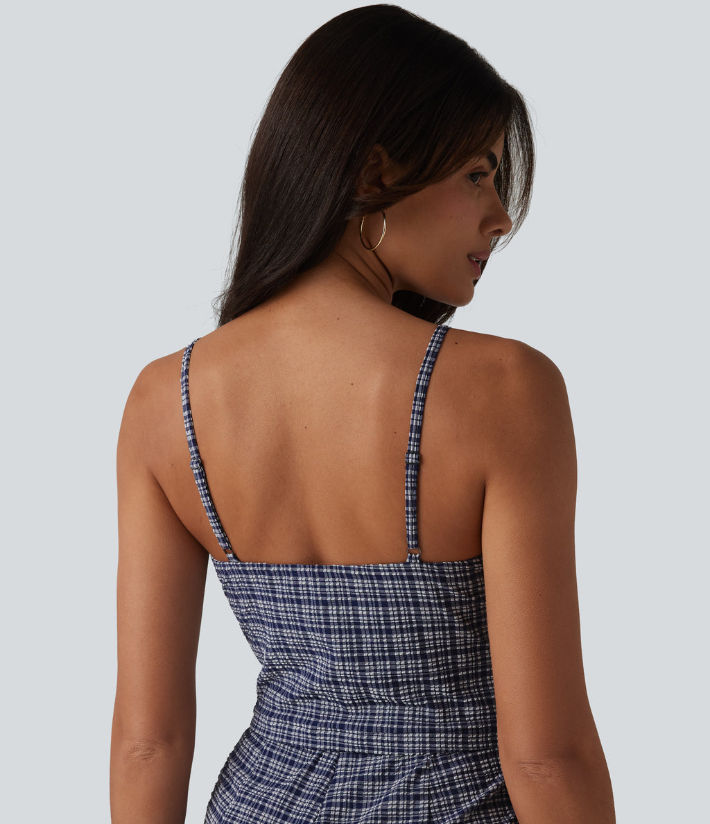 V-neck Sleeveless Plaid Crinkle Quick Dry Resort Playsuit with Pockets — Mist Night Weave Plaid — view 5