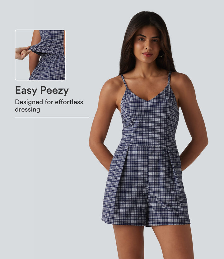 V-neck Sleeveless Plaid Crinkle Quick Dry Resort Playsuit with Pockets — Mist Night Weave Plaid — view 1