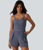 V-neck Sleeveless Plaid Crinkle Quick Dry Resort Playsuit with Pockets — Mist Night Weave Plaid — view 6
