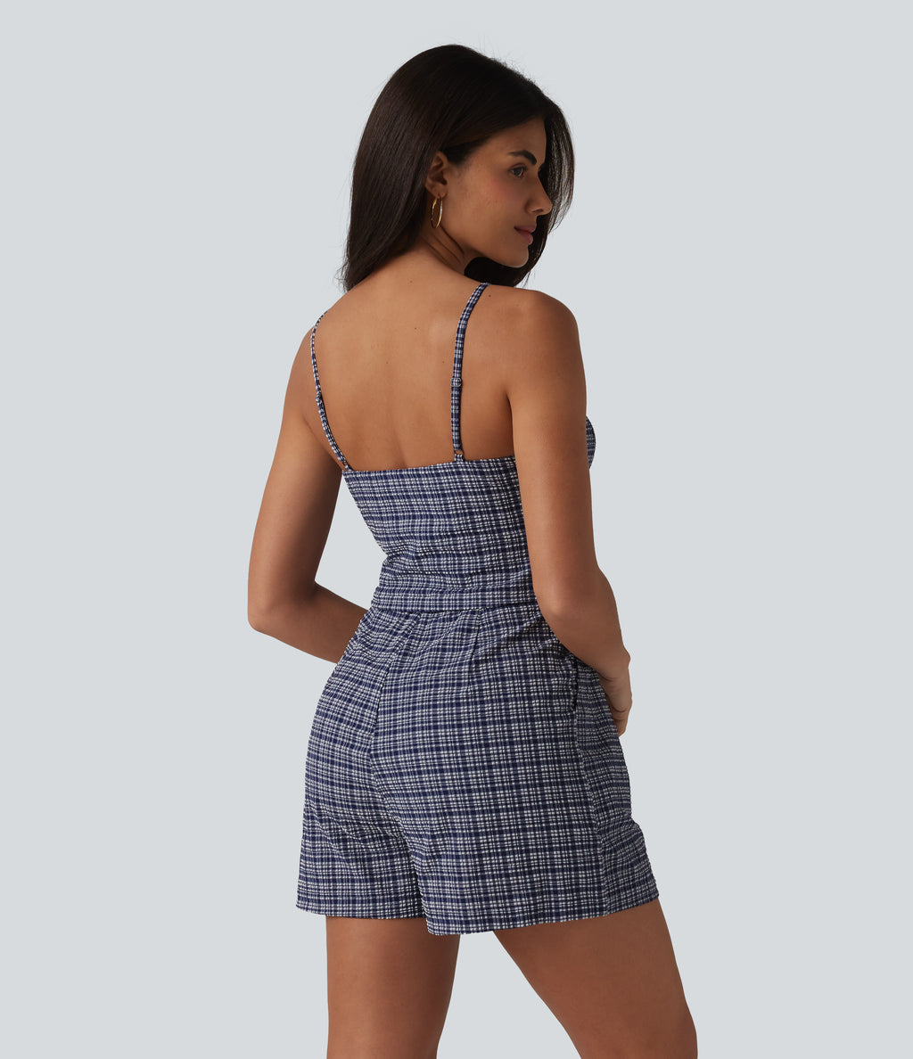V-neck Sleeveless Plaid Crinkle Quick Dry Resort Playsuit with Pockets — Mist Night Weave Plaid — view 2