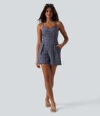 V-neck Sleeveless Plaid Crinkle Quick Dry Resort Playsuit with Pockets — Mist Night Weave Plaid — view 7