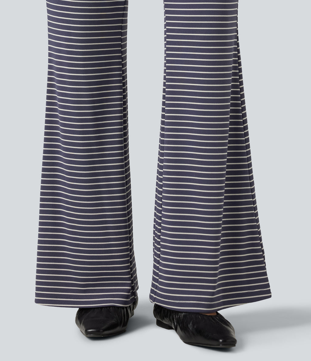 Ribbed Knit Stripes Mid Rise Drawstring Casual Bootcut Trousers with Pockets — Sailor Stripe — view 5