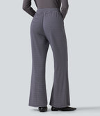 Ribbed Knit Stripes Mid Rise Drawstring Casual Bootcut Trousers with Pockets — Sailor Stripe — view 2