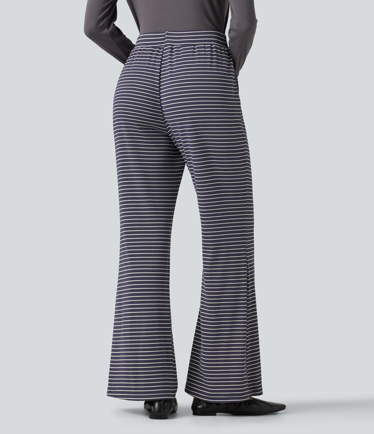Ribbed Knit Stripes Mid Rise Drawstring Casual Bootcut Trousers with Pockets — Sailor Stripe — view 2
