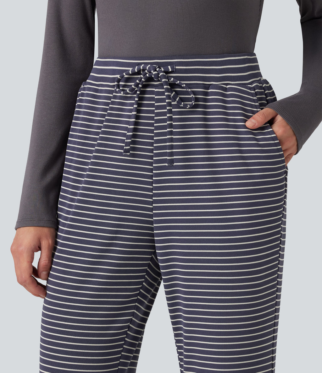 Ribbed Knit Stripes Mid Rise Drawstring Casual Bootcut Trousers with Pockets — Sailor Stripe — view 4