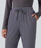 Ribbed Knit Stripes Mid Rise Drawstring Casual Bootcut Trousers with Pockets — Sailor Stripe — view 4