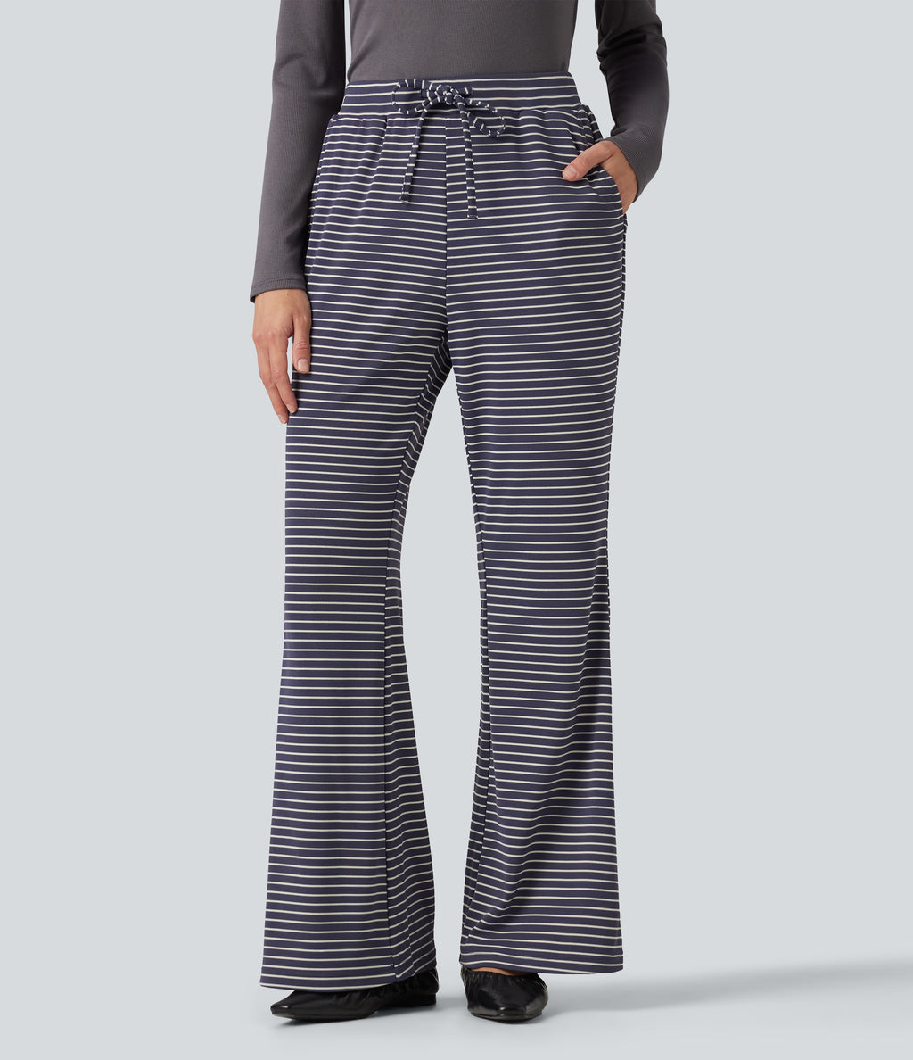 Ribbed Knit Stripes Mid Rise Drawstring Casual Bootcut Trousers with Pockets — Sailor Stripe — view 1