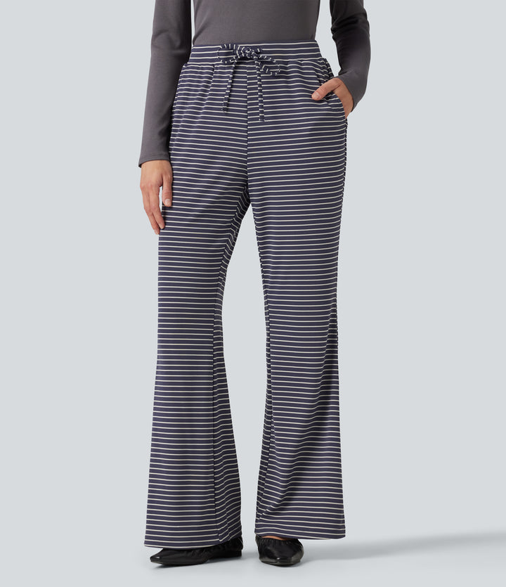Ribbed Knit Stripes Mid Rise Drawstring Casual Bootcut Trousers with Pockets — Sailor Stripe — view 1