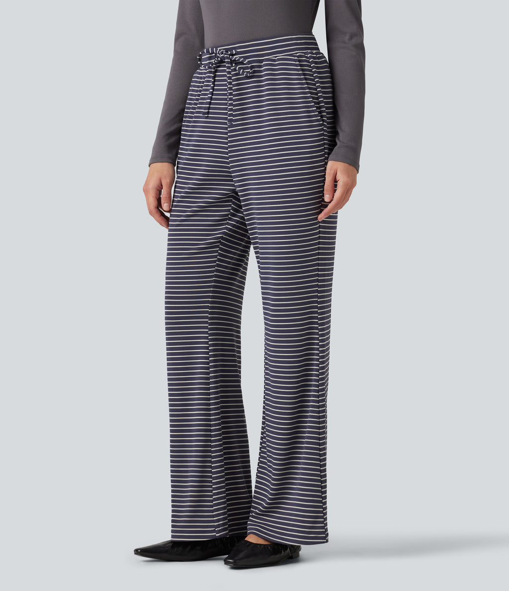 Ribbed Knit Stripes Mid Rise Drawstring Casual Bootcut Trousers with Pockets — Sailor Stripe — view 3