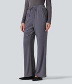 Ribbed Knit Stripes Mid Rise Drawstring Casual Bootcut Trousers with Pockets — Sailor Stripe — view 3