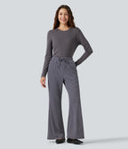 Ribbed Knit Stripes Mid Rise Drawstring Casual Bootcut Trousers with Pockets — Sailor Stripe — view 7