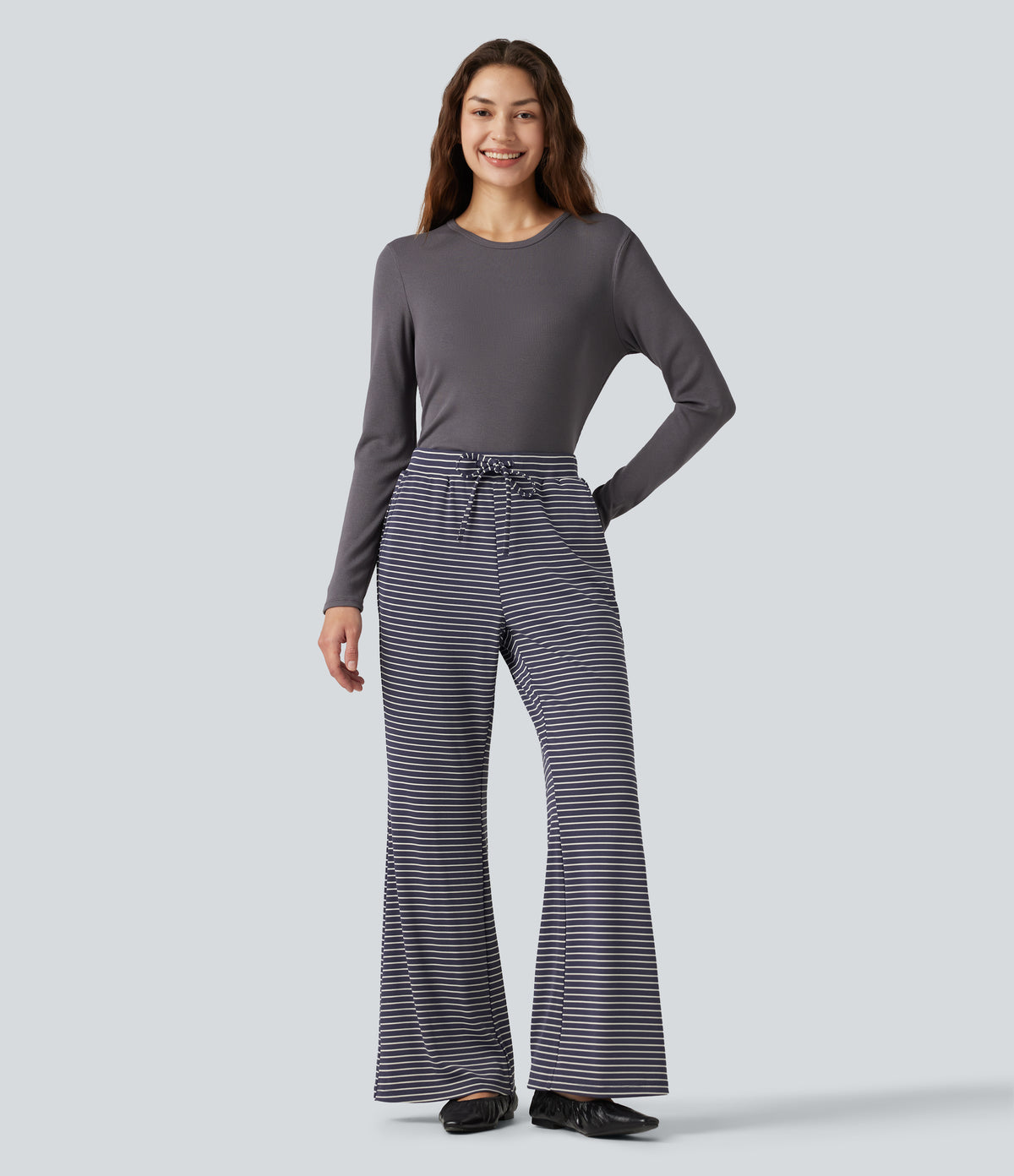 Ribbed Knit Stripes Mid Rise Drawstring Casual Bootcut Trousers with Pockets — Sailor Stripe — view 7