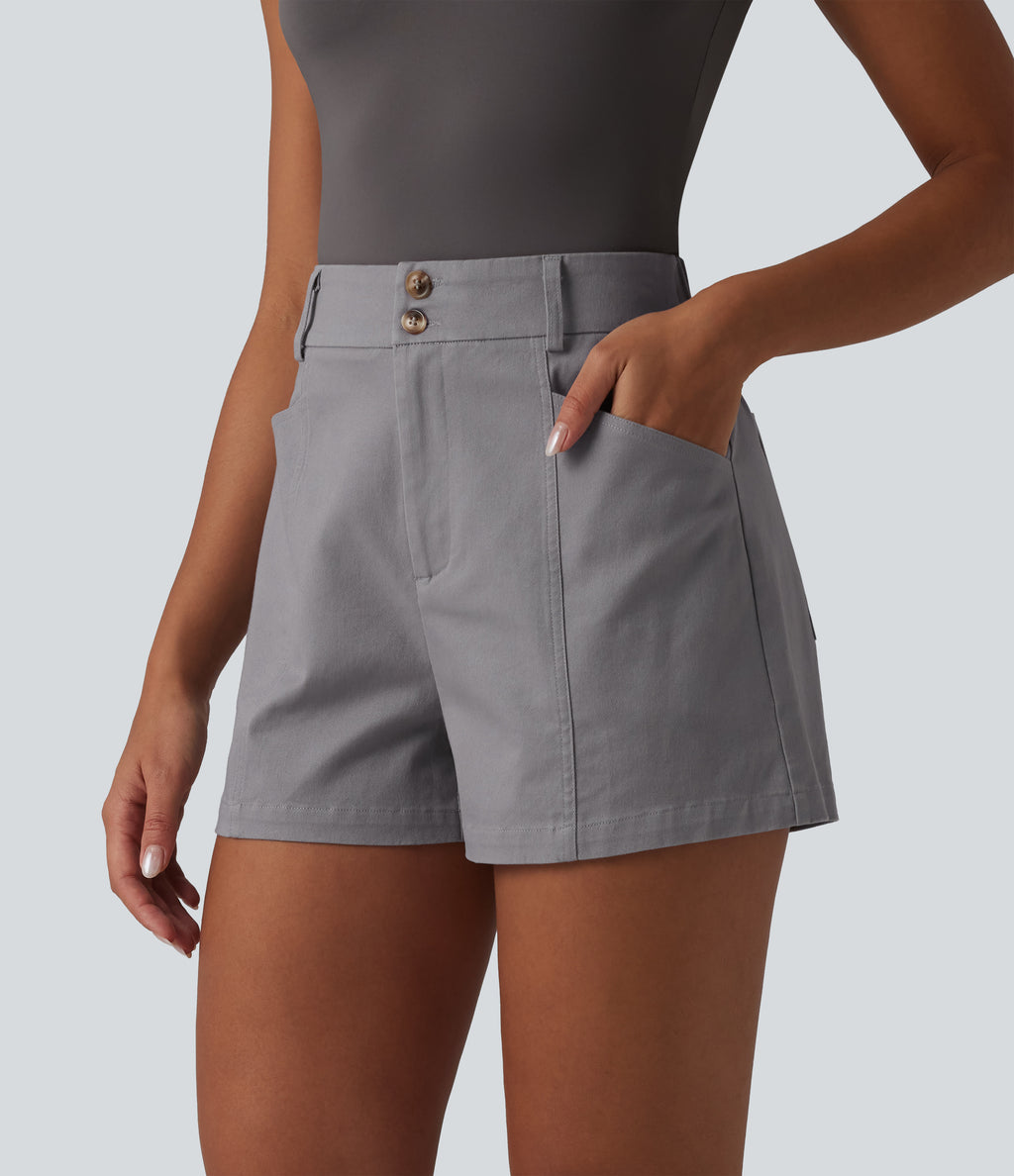 High Waisted Work Chino Cotton Baggy Shorts with Pockets — Gull — view 3