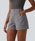 High Waisted Work Chino Cotton Baggy Shorts with Pockets — Gull — view 3