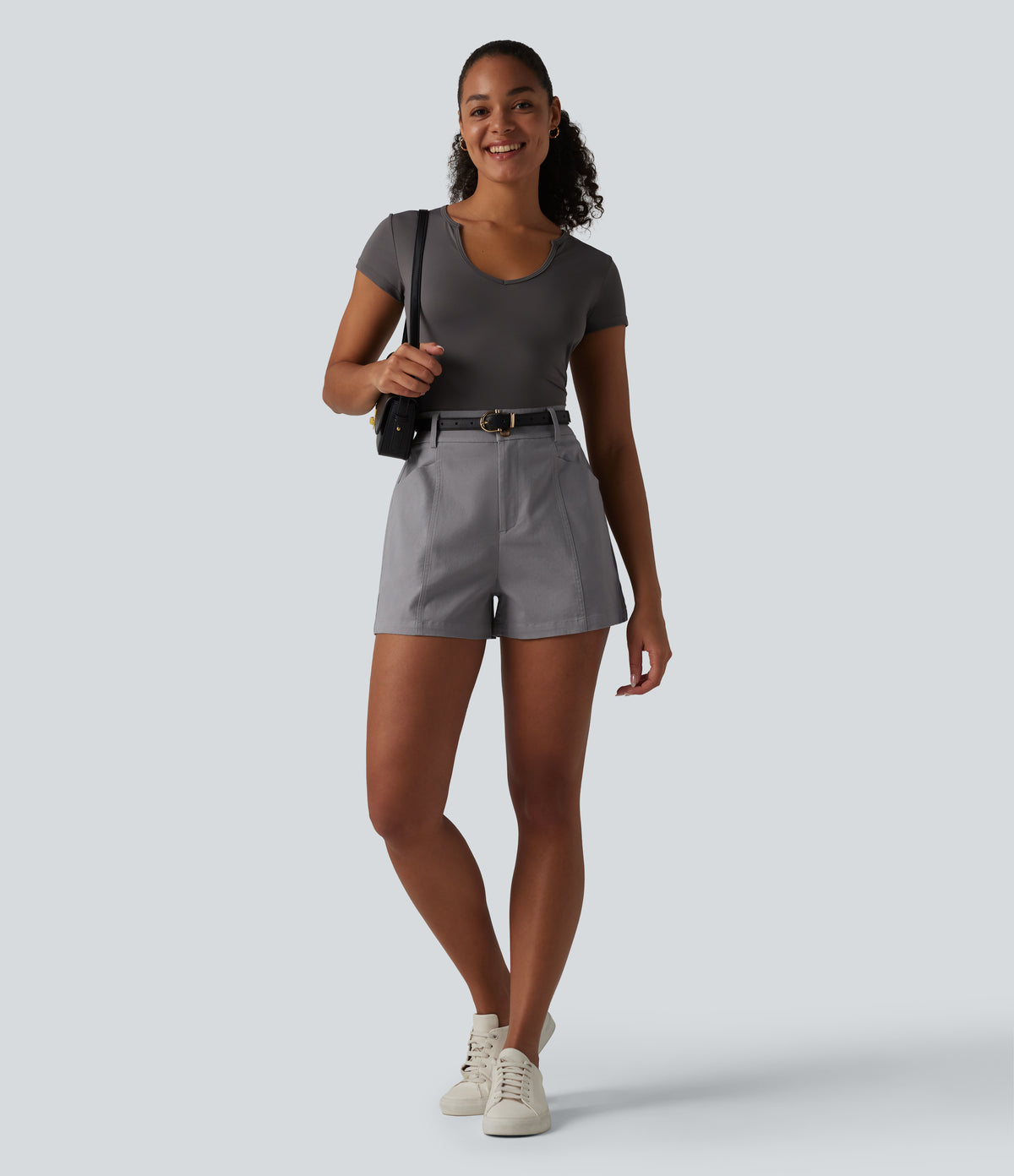 High Waisted Work Chino Cotton Baggy Shorts with Pockets — Gull — view 6