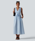 V Neck Sleeveless Stripe Midi Dress with Pockets — Azure White Stripe — view 7