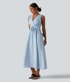 V Neck Sleeveless Stripe Midi Dress with Pockets — Azure White Stripe — view 1