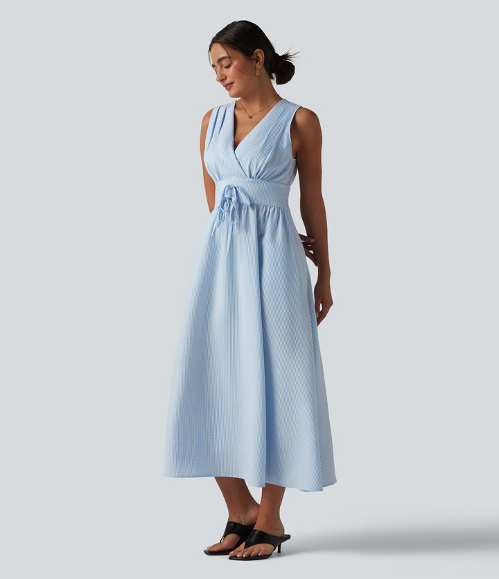 V Neck Sleeveless Stripe Midi Dress with Pockets — Azure White Stripe — view 1