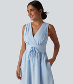 V Neck Sleeveless Stripe Midi Dress with Pockets — Azure White Stripe — view 4
