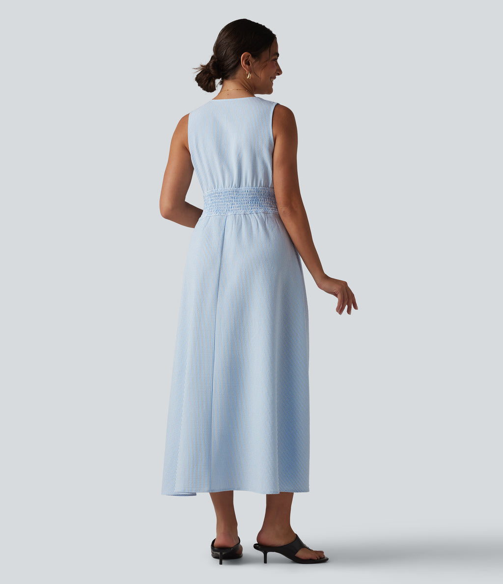 V Neck Sleeveless Stripe Midi Dress with Pockets — Azure White Stripe — view 2