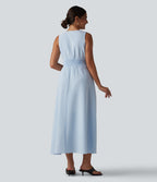 V Neck Sleeveless Stripe Midi Dress with Pockets — Azure White Stripe — view 2